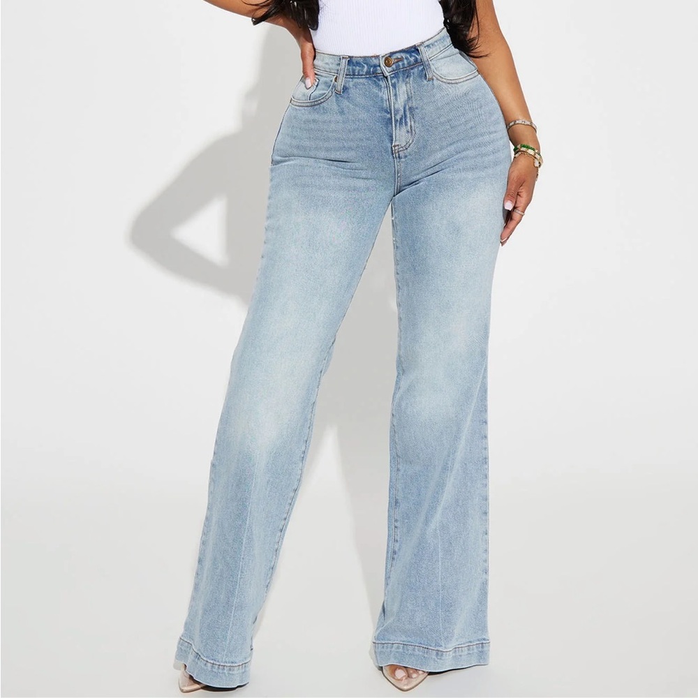 bridge the distance wide leg jeans medium blue wash fashion nova